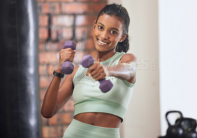 Buy stock photo Happy woman, portrait and dumbbell workout in gym for power, exercise and strong bodybuilding. Female athlete, fitness and training with weights for healthy life, sports and muscle growth in club 