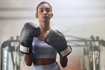 Buy stock photo Fitness, gym or portrait of girl boxer in training, exercise or workout with a warrior mindset or wellness. Sports, motivation or healthy woman with speed, fast or powerful punch in boxing gloves 