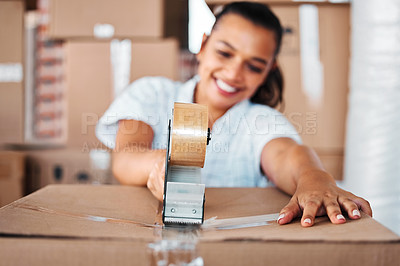 Buy stock photo Woman, cardboard and closing box with tape while moving house with package for charity donation. Hands of a female person happy about mortgage, new home or storage for startup or small business