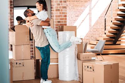 Buy stock photo Moving, cardboard boxes and couple hug in new home for property investment, real estate or renting. Homeowner, happy man and woman embrace for mortgage loan, relocation or packages in apartment