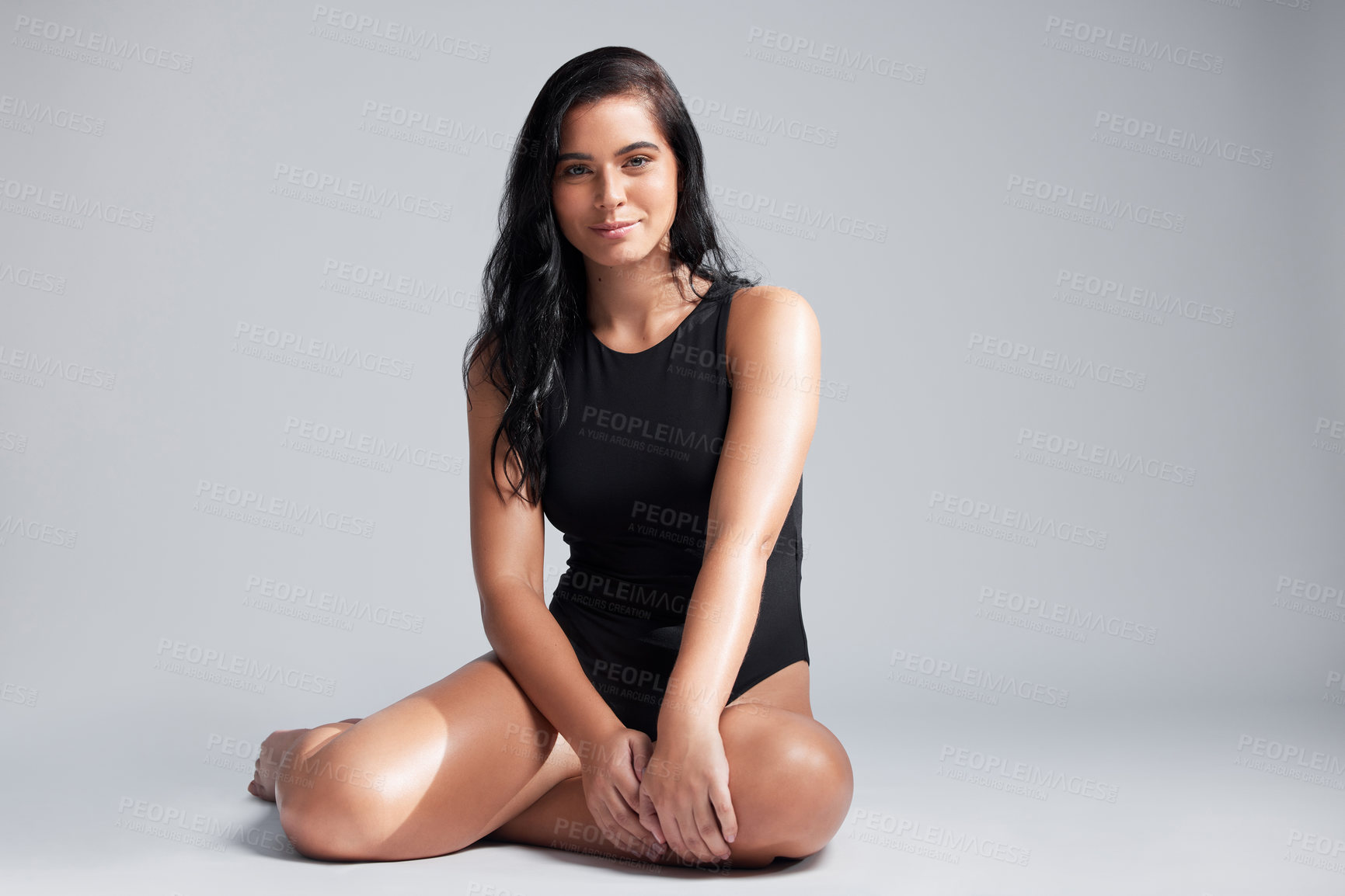 Buy stock photo Woman, skincare and underwear in studio for portrait with body shine, natural beauty and mockup. Isolated model, female person and dermatology by backdrop for confidence with spa aesthetic and glow