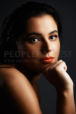 Buy stock photo Skincare, smile and portrait of woman in studio for cosmetics, treatment and satisfaction. Beauty, wellness and female person with confidence for dermatology, self care and glow on black background