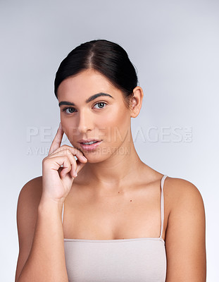 Buy stock photo Beauty, portrait and woman with pride in skincare, dermatology and mockup in studio background. Confidence, model and girl with glow on skin from cosmetics, facial or healthy texture on face