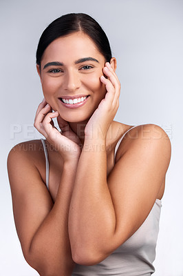 Buy stock photo Beauty, portrait and woman with happiness in skincare, dermatology and mockup in studio background. Confidence, model and girl with self care for skin, facial cosmetics or healthy texture on face