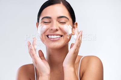 Buy stock photo Skincare, foam wash and woman in a studio for natural, cosmetic and beauty hygiene routine. Wellness, health and female model cleaning her face with a facial cleanser isolated by a white background.