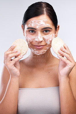 Buy stock photo Woman, portrait and sponge in studio, exfoliate and skincare for washing face on white background. Female person, cosmetics and foam for facial treatment, soap detox and purity cleanse for scrub