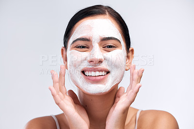 Buy stock photo Skincare, face mask and portrait of a woman in a studio for natural, cosmetic and beauty routine. Wellness, health and female model cleaning her skin with facial cleanser isolated by white background