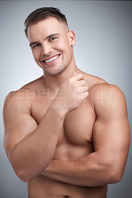 Buy stock photo Man, muscular and portrait in studio for fitness, gym or workout for physical training or exercise. Model, smile and confident for bodybuilder with muscle growth or shirtless for wellness and abs 