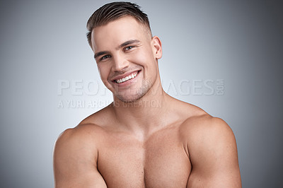 Buy stock photo Man, muscular and portrait in studio for fitness, gym or workout for physical training or exercise. Model, smile and confident for bodybuilder with muscle growth or shirtless for wellness and abs 