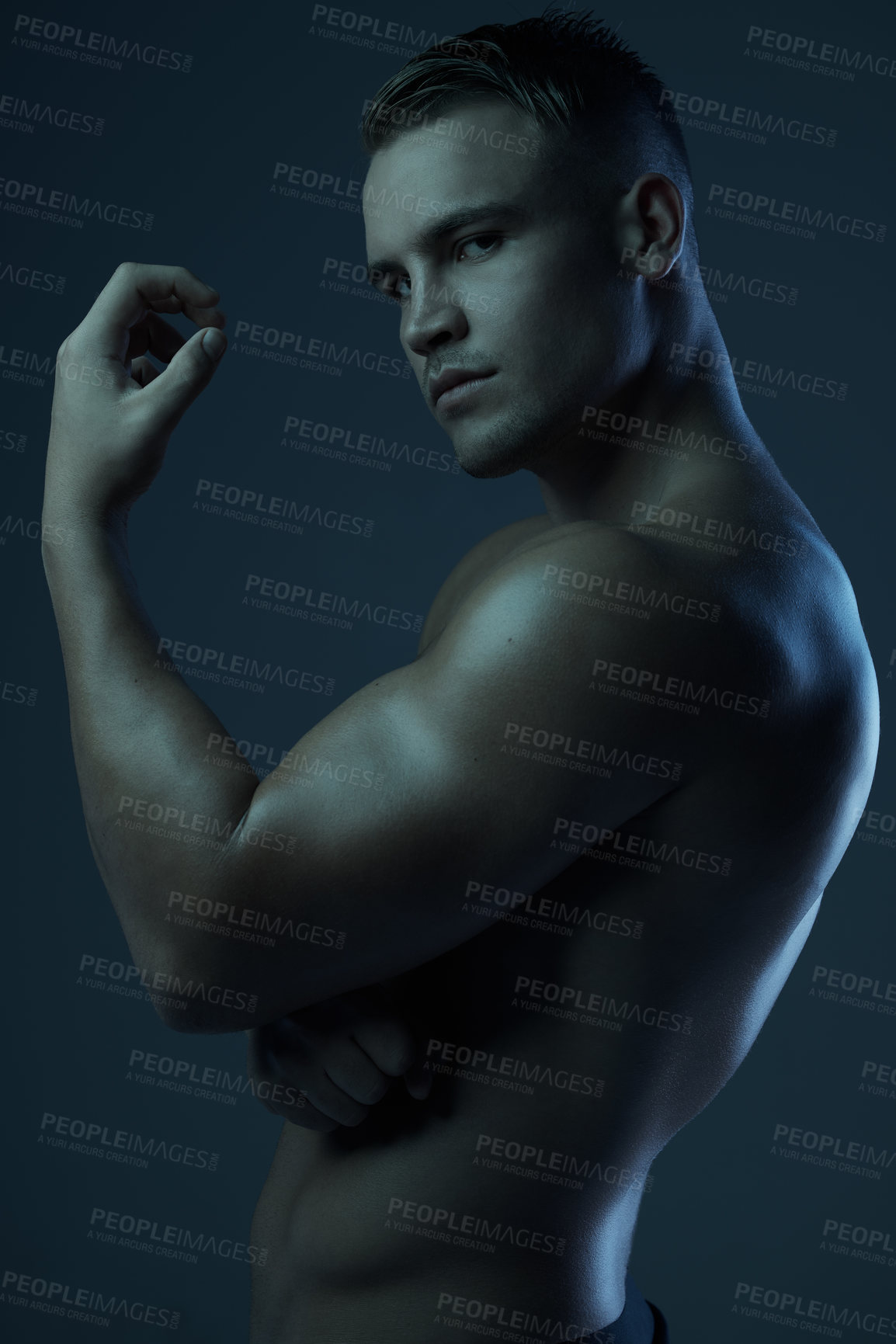 Buy stock photo Bodybuilder man, portrait and muscle in studio for wellness, healthy body or art deco on black background. Male person, fitness and performance or power for health with masculine and athlete