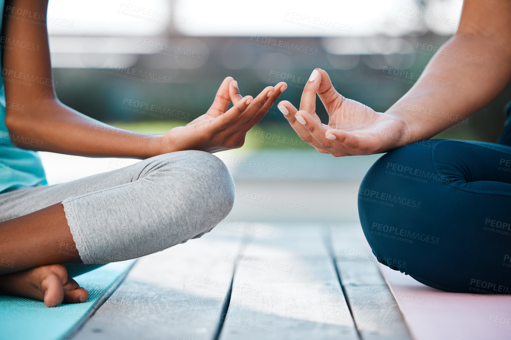 Buy stock photo Yoga, hands and meditation of people for outdoor peace, spiritual and mental health. Lotus, energy and balance or soul for healing, freedom and pilates together for mindfulness or mindset and zen