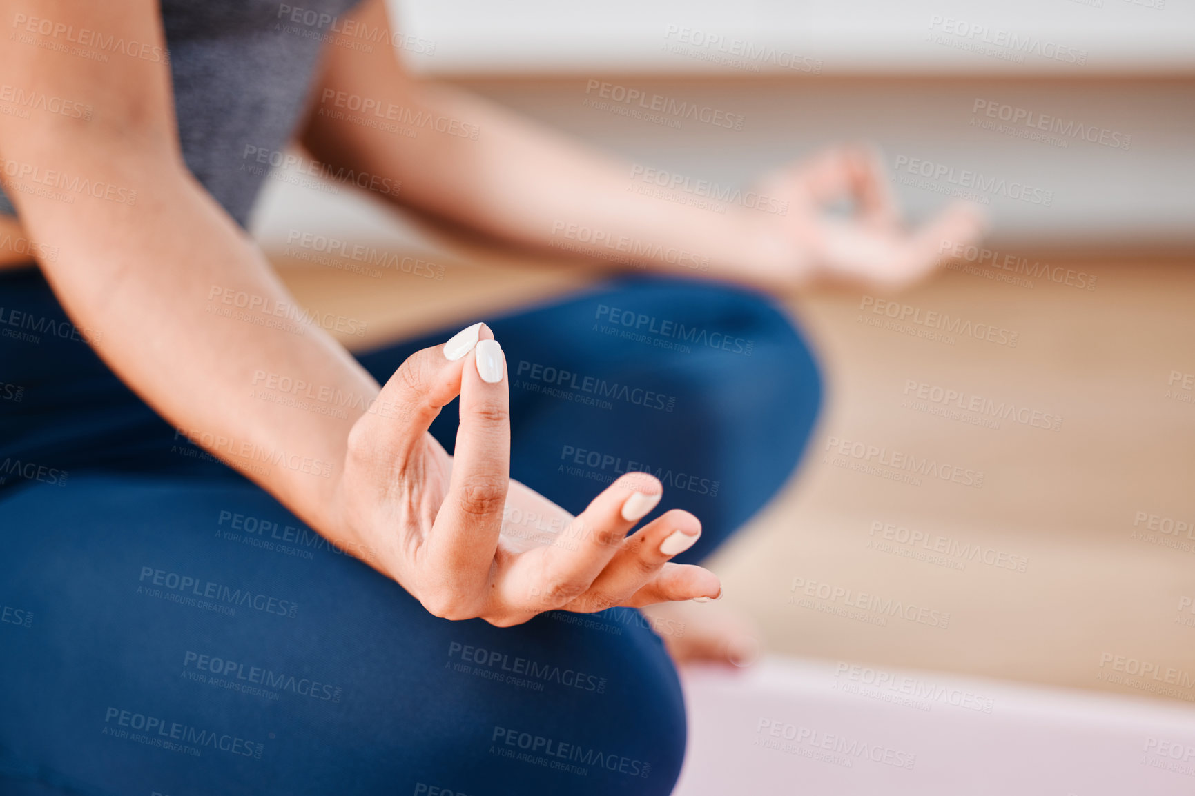Buy stock photo Hands, yoga or girl in home for meditation, wellness or body posture with lotus pose or calm peace. Relax, zen or closeup of woman on mat for mindfulness, mental health or balance in pilates session