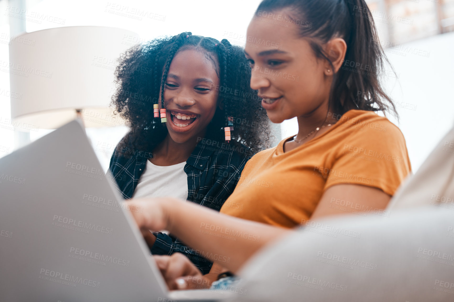 Buy stock photo Woman, child and laptop with smile at house for acceptance  at private school, scholarship and education. Happy, mother and girl on sofa with positive news, email and online learning for knowledge