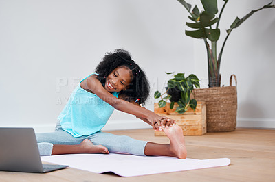 Buy stock photo Laptop, yoga and girl child doing exercise with an online tutorial for health, wellness and fitness. Technology, meditation and kid stretching for pilates workout with video on internet with computer