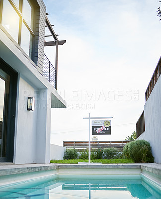 Buy stock photo Shot of a sold sign in a yard of a newly bought house
