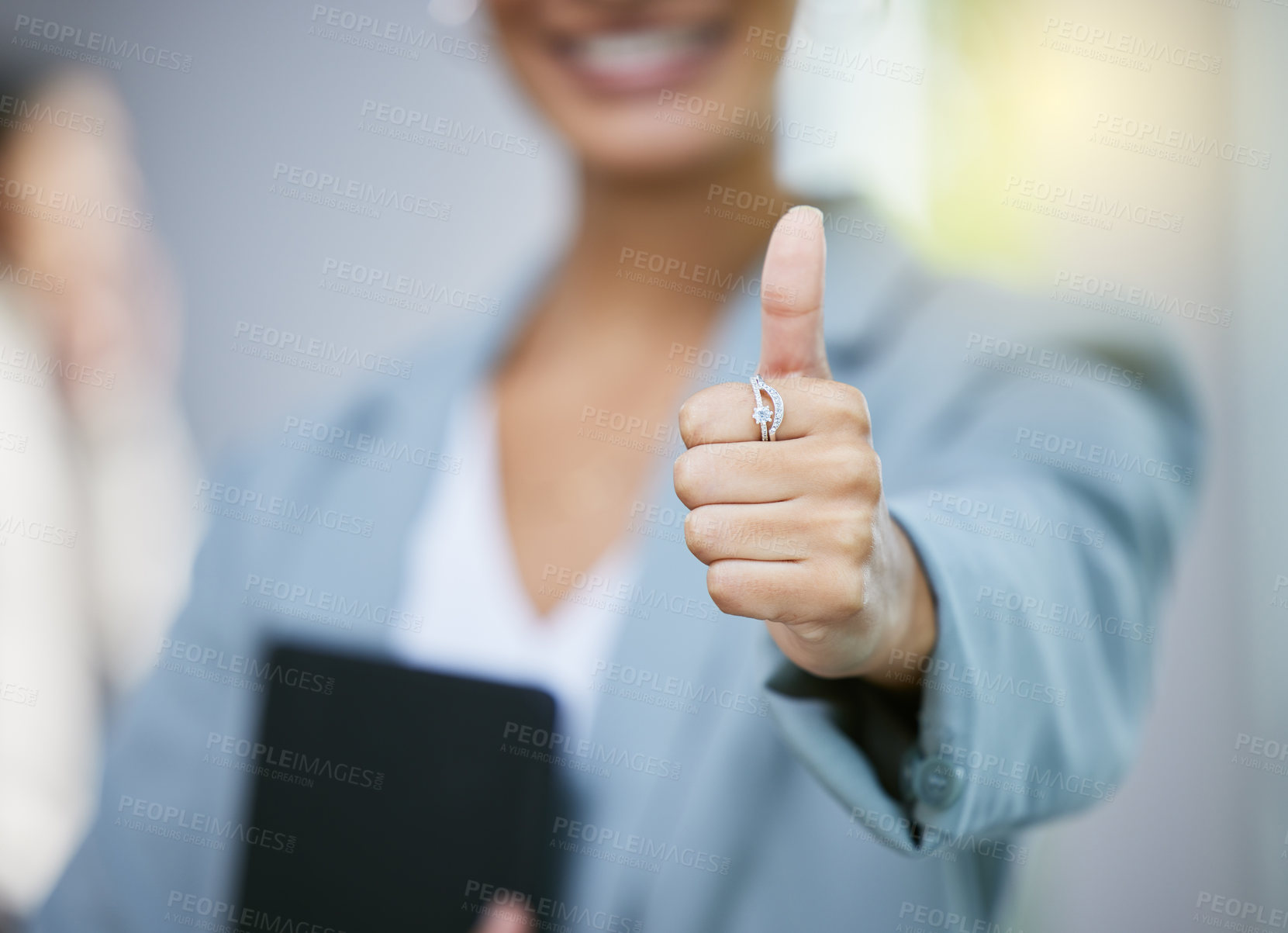 Buy stock photo Office, woman and thumbs up for achievement or agreement with business deal, promote success and career goal. Like emoji, yes sign and female realtor with thank you for real estate sale and promotion