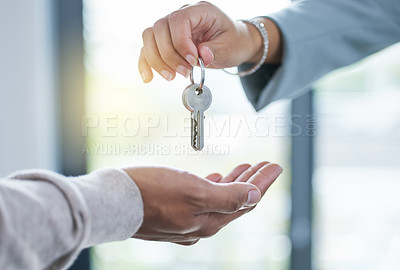 Buy stock photo Keys, hands and sale of property, house or real estate investment with realtor and new home. Closeup, hand and key for homeowner buying or renting apartment, building or moving and relocation