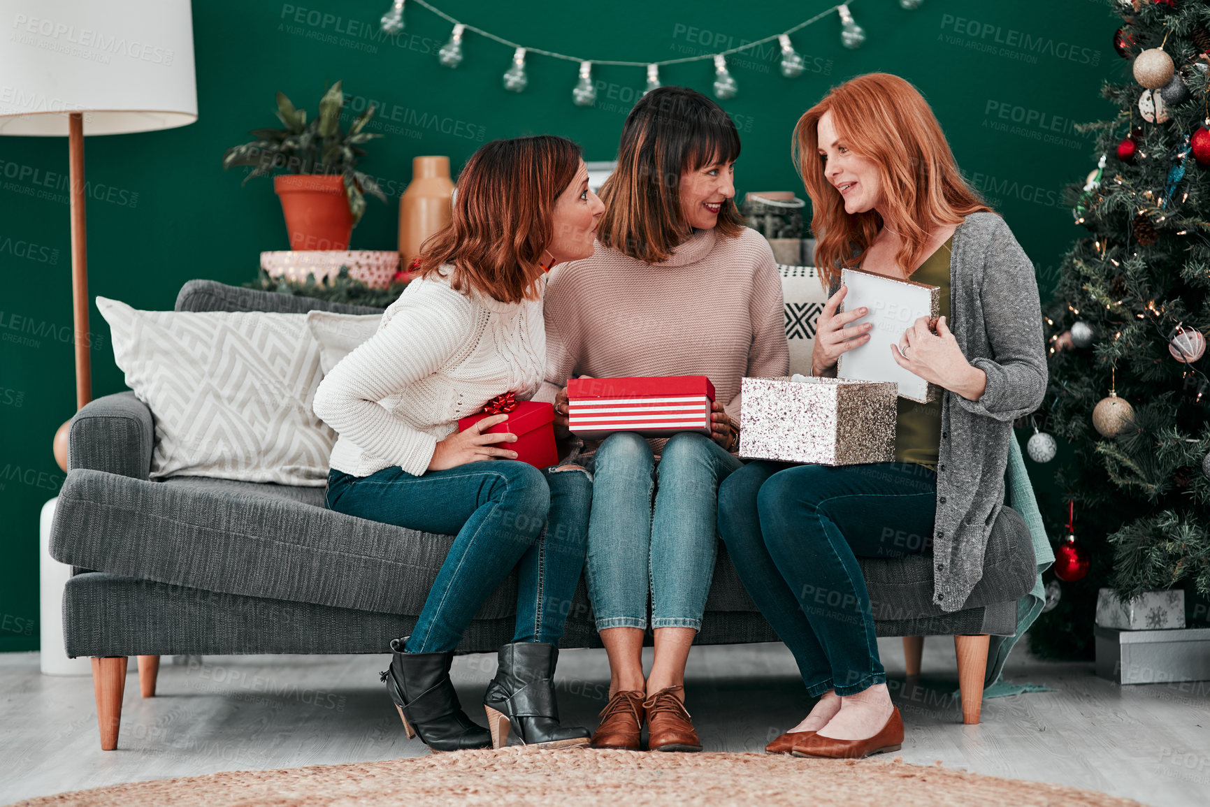 Buy stock photo People, open box and celebration on Christmas for gift, party and present for festive season. Women, friends and home for talking on December holiday, bonding and tradition of giving on xmas event