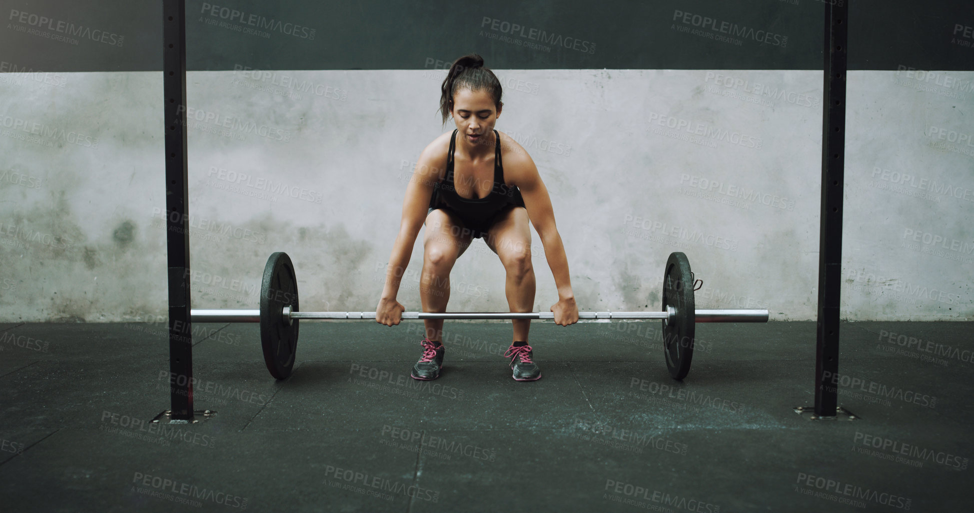 Buy stock photo Weight lifting, fitness and woman with barbell for strong body in gym for training, exercise and workout. Sports, deadlift and female bodybuilder lift weights for challenge, wellness and strength