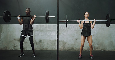 Buy stock photo Shot of a young man and woman doing an overhead press with a barbell in a gym