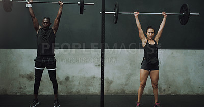 Buy stock photo Weight lifting, fitness and black man and woman with barbell in gym for training, exercise and workout. Strong, sport and female and male body builder lift weights for challenge, wellness or strength