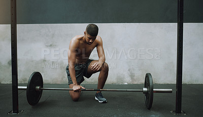 Buy stock photo Weightlifting, fitness and man body builder with barbell in gym for training, exercise and intense workout. Strong body, muscle and male body builder lift weights for challenge, wellness or strength