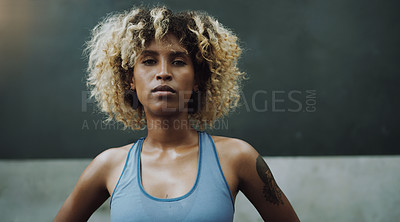 Buy stock photo Fitness, portrait and woman runner on wall background for training, mindset and exercise with mockup. Face, attitude and lady with focus outdoor for running, workout or healthy lifestyle routine run