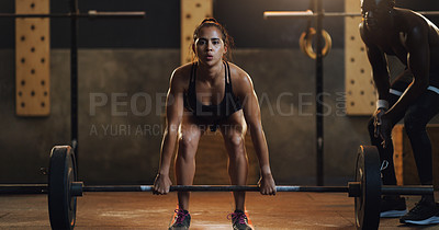 Buy stock photo Weight lifting, fitness and portrait of woman with barbell in gym for training, exercise and intense workout. Sports, coach and female body builder lifting weights for challenge, wellness or strength