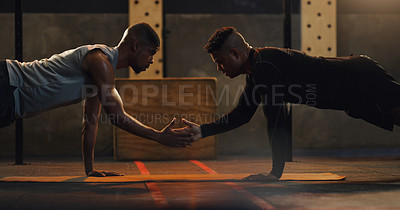 Buy stock photo Fitness, high five and men with floor push up at a gym for support, motivation and training goals. Team, handshake and man with personal trainer for weight training, performance and workout routine