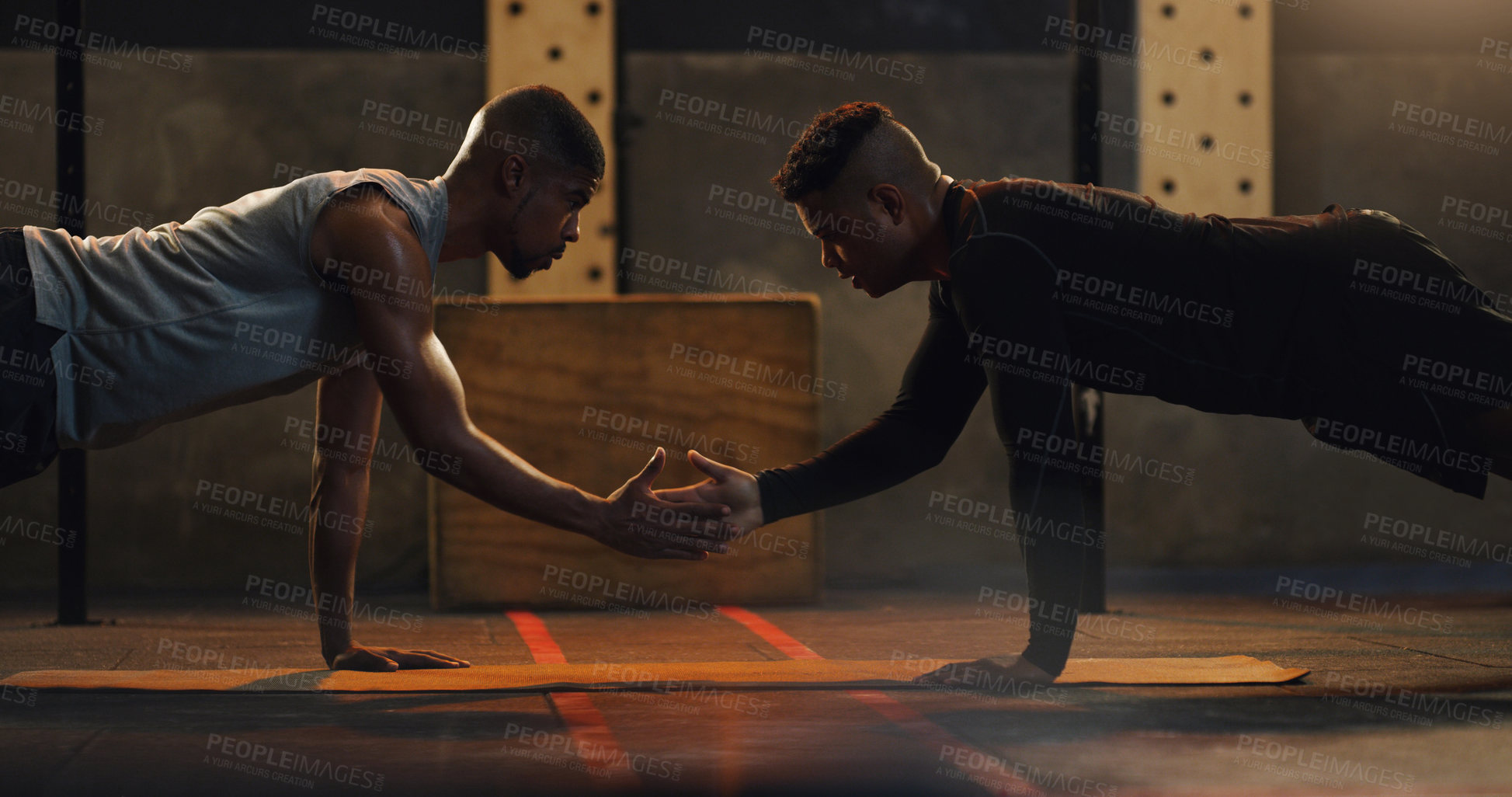 Buy stock photo Fitness, high five and men with floor push up at a gym for support, motivation and training goals. Team, handshake and man with personal trainer for weight training, performance and workout routine