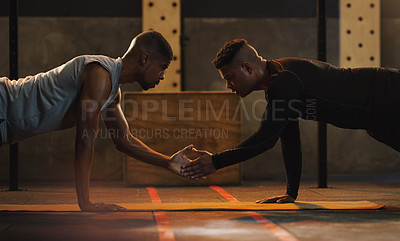 Buy stock photo High five, fitness and men with floor push up at a gym for support, motivation and training goals. Team, handshake and man with personal trainer for weight training, performance and plank workout