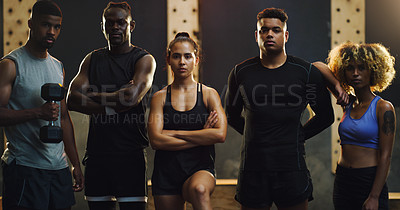 Buy stock photo Fitness, gym and portrait of men and woman ready for exercise, training and workout class. Sports club, body builder and group of people in class with motivation for challenge, wellness and teamwork