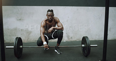 Buy stock photo Weightlifting, fitness and portrait of black man with barbell in gym for training, exercise and workout. Strong body, muscle and male bodybuilder lift weights for challenge, wellness and strength
