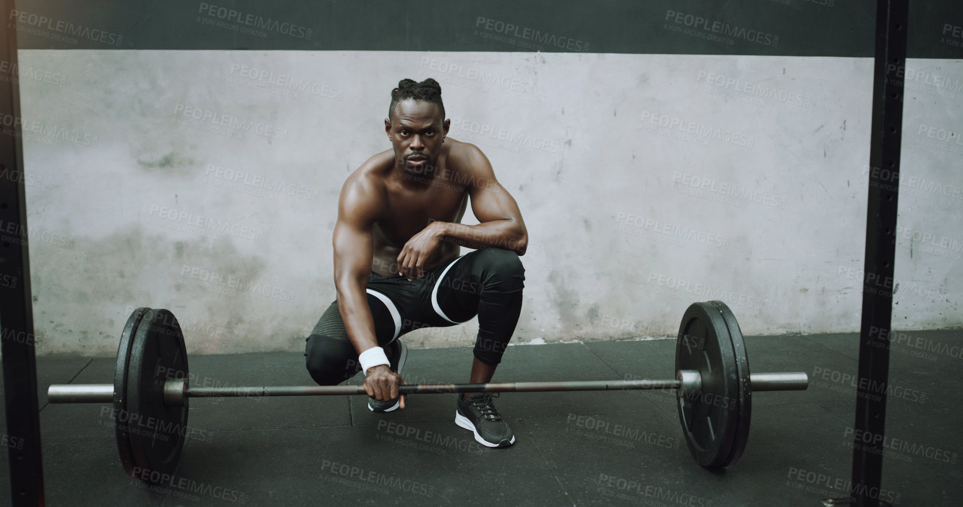 Buy stock photo Weightlifting, fitness and portrait of black man with barbell in gym for training, exercise and workout. Strong body, muscle and male bodybuilder lift weights for challenge, wellness and strength