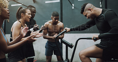 Buy stock photo Group, exercise bike and motivation for man in gym with applause, cheers and diversity for fitness. People, friends and team with support, connection or cycling for health, workout and wellness club