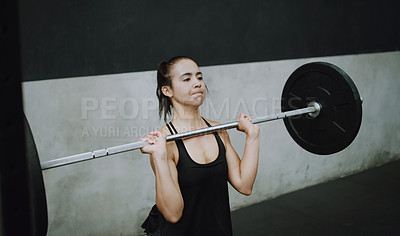 Buy stock photo Weightlifting, fitness and woman lifting barbell in gym for training, exercise and intense workout. Deadlift, strong muscle and female body builder lift weights for challenge, wellness and strength
