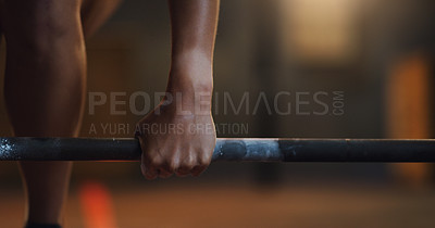 Buy stock photo Weightlifting, fitness and hands of person with barbell in gym for training, exercise and intense workout. Sports, strong body and body builder people lift weights for challenge, wellness or strength