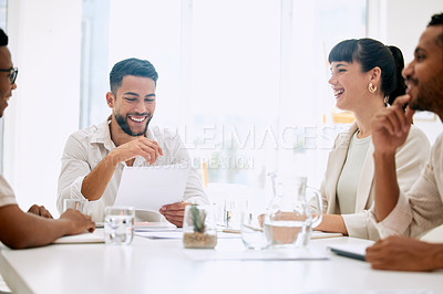 Buy stock photo Team meeting, paperwork and happy business people in discussion for agent brainstorming ideas, strategy and project. Group, collaboration and conversation of funny manager laughing in startup office