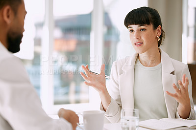 Buy stock photo Meeting, planning and business woman with team in discussion for brainstorming ideas, strategy or startup project. Serious, collaboration and conversation for consultant manager in training workshop