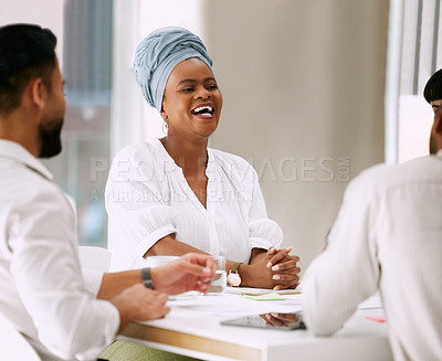 Buy stock photo Discussion, meeting and happy business people in boardroom for planning, teamwork or progress on project. Diversity, collaboration and staff with laugh, idea or work on report for digital agency