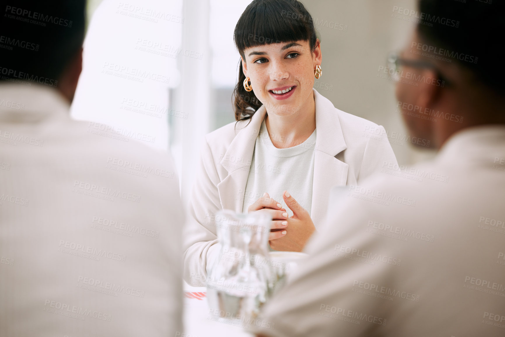 Buy stock photo Meeting, group and business woman brainstorming ideas for strategy, project or manager planning in office. Team, collaboration and conversation for happy financial advisor listening to negotiation