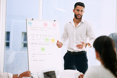 Buy stock photo Whiteboard, presentation and business people with manager in meeting for social media marketing, ideas and planning. Presenter or man speaking to employees, creative agency and training for project