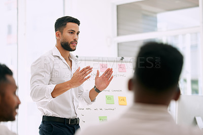 Buy stock photo Presentation, speaking and business people with mentor in meeting for career planning, ideas and team mission. Presenter, man or leader talking to employees, brainstorming and training on whiteboard