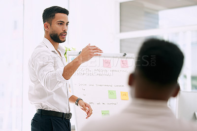 Buy stock photo Presentation, board and businessman with audience in meeting for career planning, ideas or team mission. Presenter, speaking or leader talking to employees, brainstorming and training in workshop