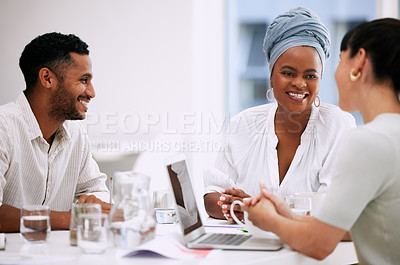 Buy stock photo Meeting, laughing and business people discussion, planning and creative collaboration for webdesign project and teamwork. Brainstorming and website designer, happy group of women and man for startup