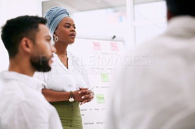 Buy stock photo Woman, presentation and teamwork in office for meeting, startup and brainstorming for project. Female person, workshop and pride in workplace for idea, training and company mentor in small business