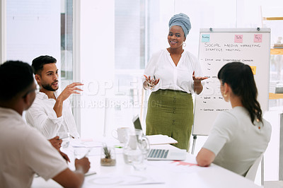 Buy stock photo Whiteboard, presentation and business woman in meeting for social media marketing, ideas and planning strategy. Presenter or african person speaking to employees, brainstorming and training questions
