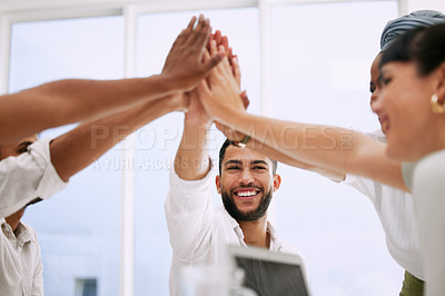 Buy stock photo High five, business people and group success, support and teamwork for company sales, meeting goals and winning. Yes, celebration and happy women, men or team hands together for help or target reach