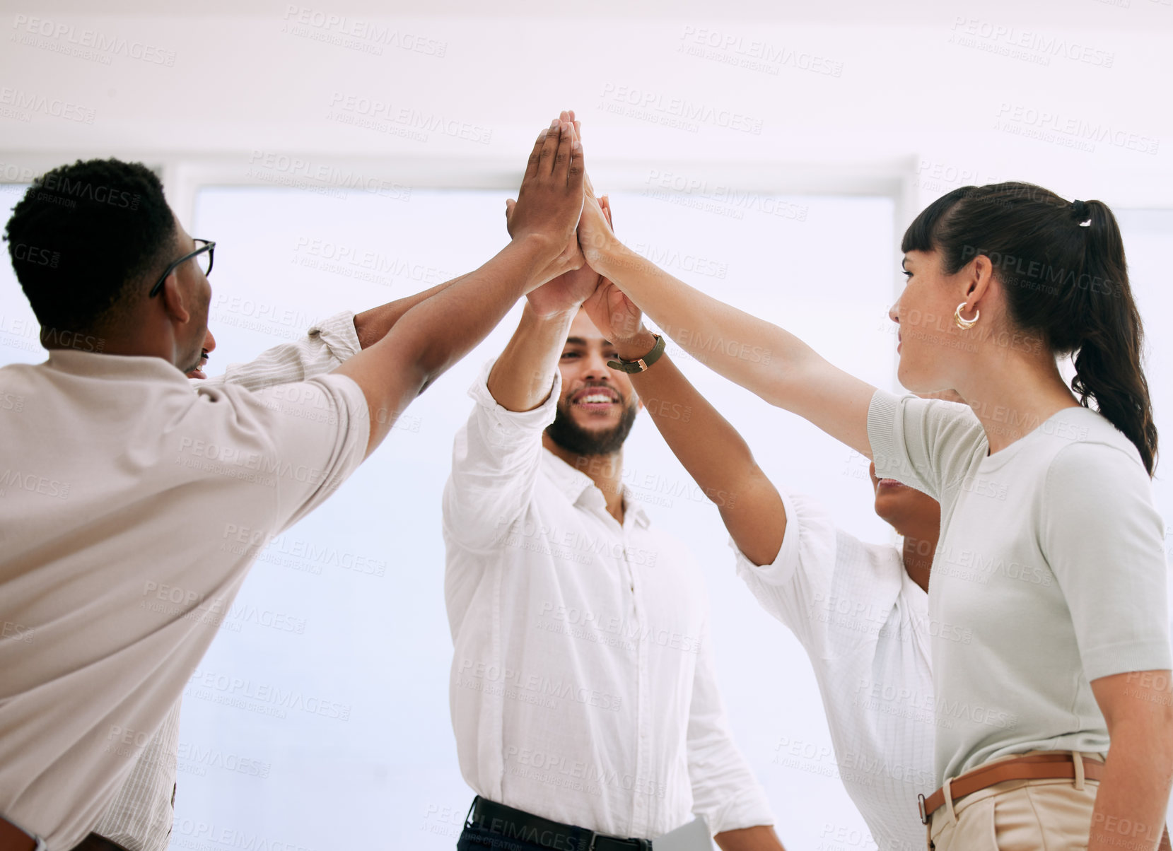 Buy stock photo Business people, high five and team building for success, celebration or solidarity of community in startup office. Group, achievement and hands together for winning, support or goal of consultant