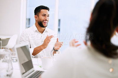 Buy stock photo Startup, business and man clapping with smile, training and coaching on project of design in office. Creative, company and laptop for designer, employee and excited with applause and workshop